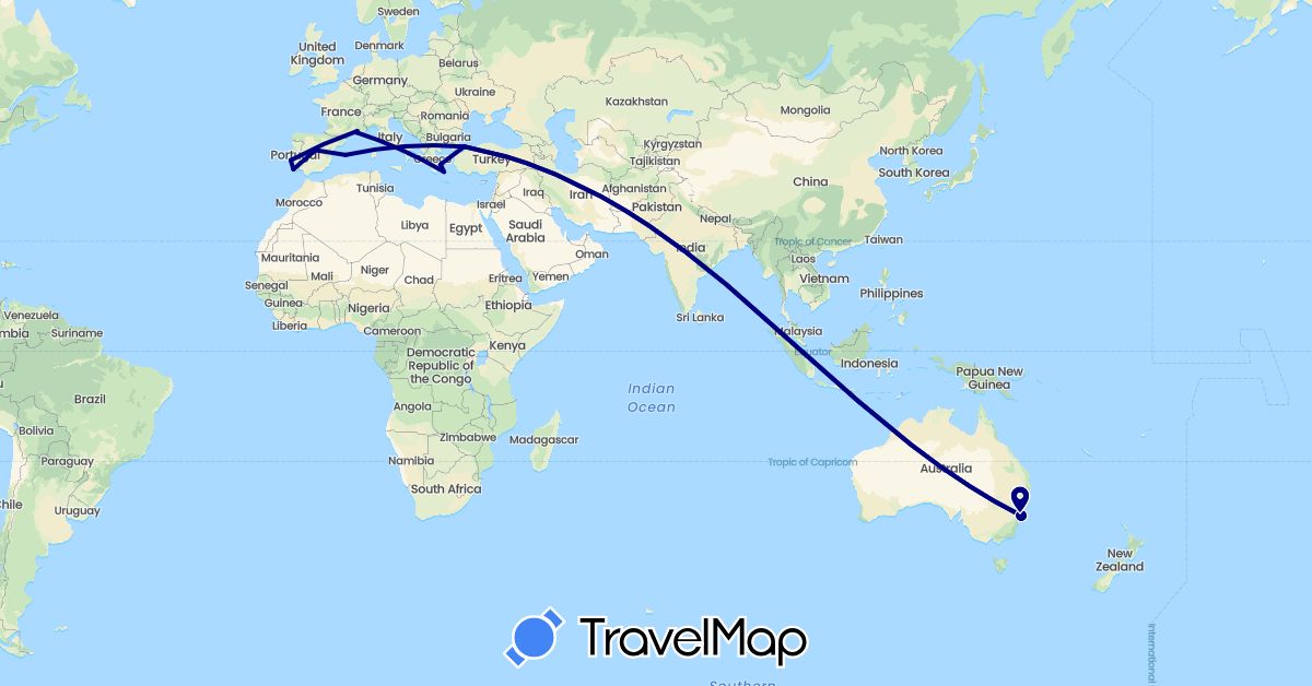 TravelMap itinerary: driving in Australia, Spain, France, Greece, Portugal, Turkey (Asia, Europe, Oceania)
